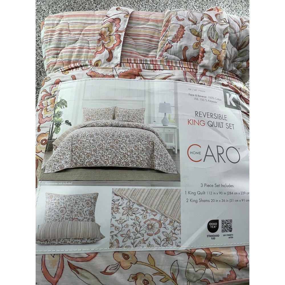 Caro Home Reversible King Quilt Set K Pink Floral NEW 3 Piece Cotton